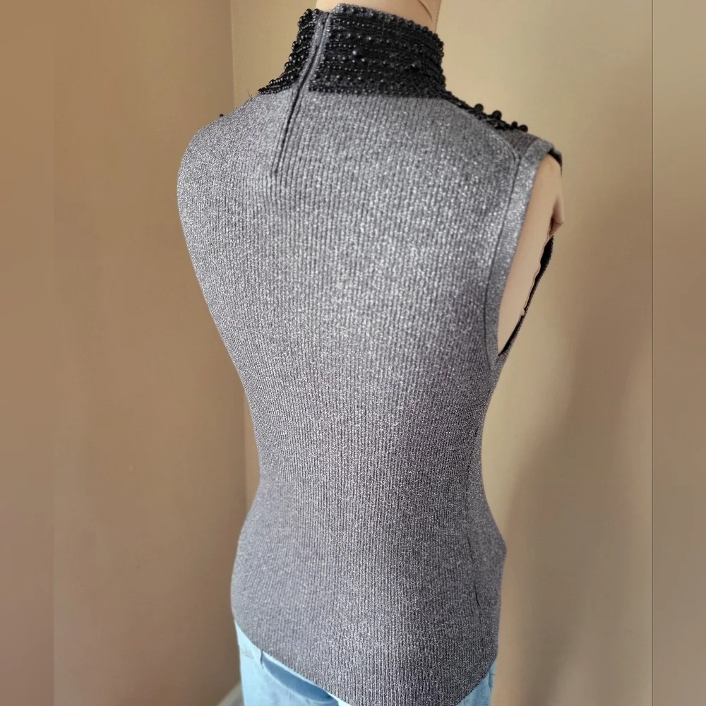 Beaded Mock Neck Grace Elements S Gray Metallic Sleeveless Silk‎ Blend Sweater